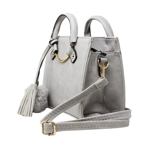 Grey Multi-Compartment Top Handle Bag with Pom Pom Charm