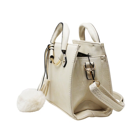 Beige Multi-Compartment Top Handle Bag with Pom Pom Charm