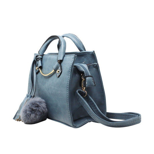Denim Blue Multi-Compartment Top Handle Bag with Pom Pom Charm