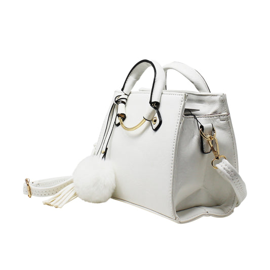 White Multi-Compartment Top Handle Bag with Pom Pom Charm