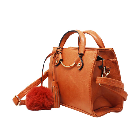 Orange Multi-Compartment Top Handle Bag with Pom Pom Charm