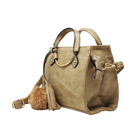 Tan Multi-Compartment Top Handle Bag with Pom Pom Charm