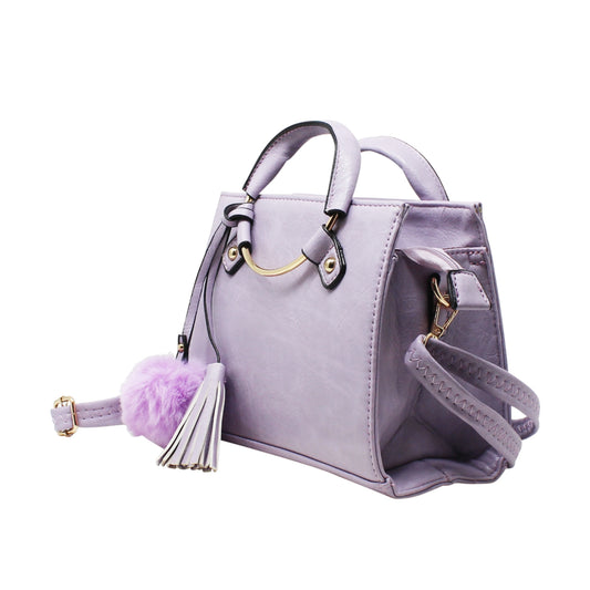 Lilac Multi-Compartment Top Handle Bag with Pom Pom Charm