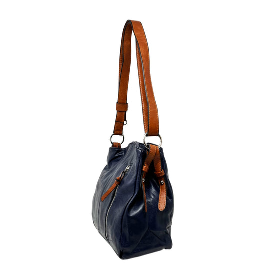 Navy Blue Tan Dual Compartments Zipped Shoulder Crossbody Bag