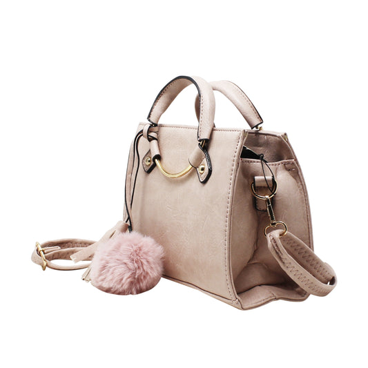 Pink Multi-Compartment Top Handle Bag with Pom Pom Charm