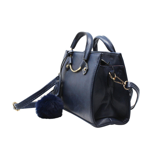Navy Blue Multi-Compartment Top Handle Bag with Pom Pom Charm