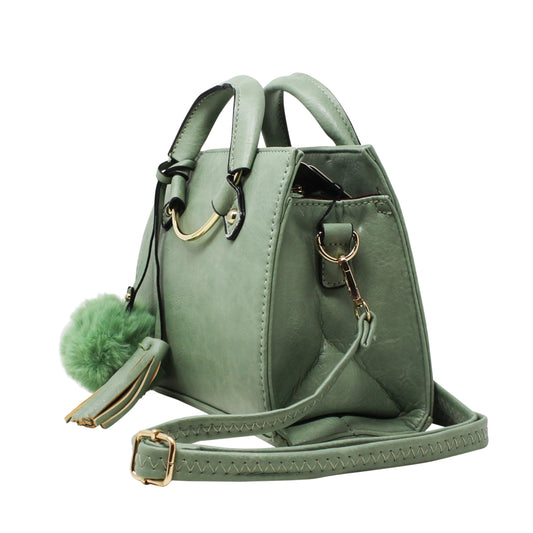 Green Multi-Compartment Top Handle Bag with Pom Pom Charm