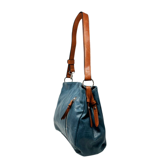 Denim Blue Tan Dual Compartments Zipped Shoulder Crossbody Bag